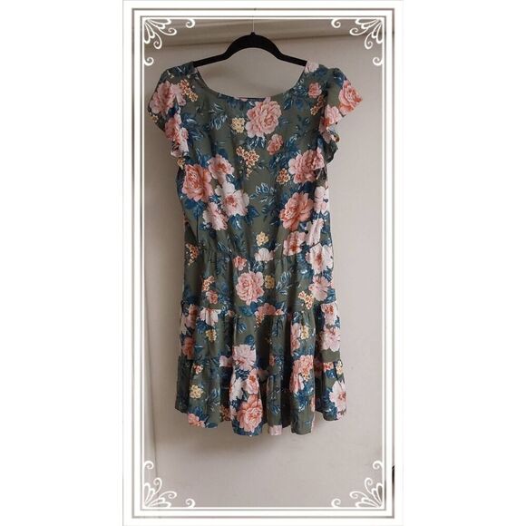 Pretty BLUE DAHLIA Green & Peach Babydoll Mini Dress Sz Large - Picture 3 of 3